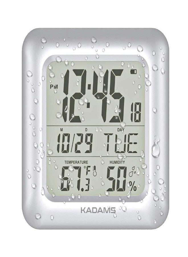 KADAMS ساعة حمام KADAMS، ساعة حائط للمطبخ مقاس 9.5 بوصة بشاشة LCD كبيرة - ساعة دش مزودة بكوب شفط، تعرض درجة الحرارة والرطوبة والتقويم - مقاومة للماء، 4 خيارات للتركيب، فضية اللون - Image 1